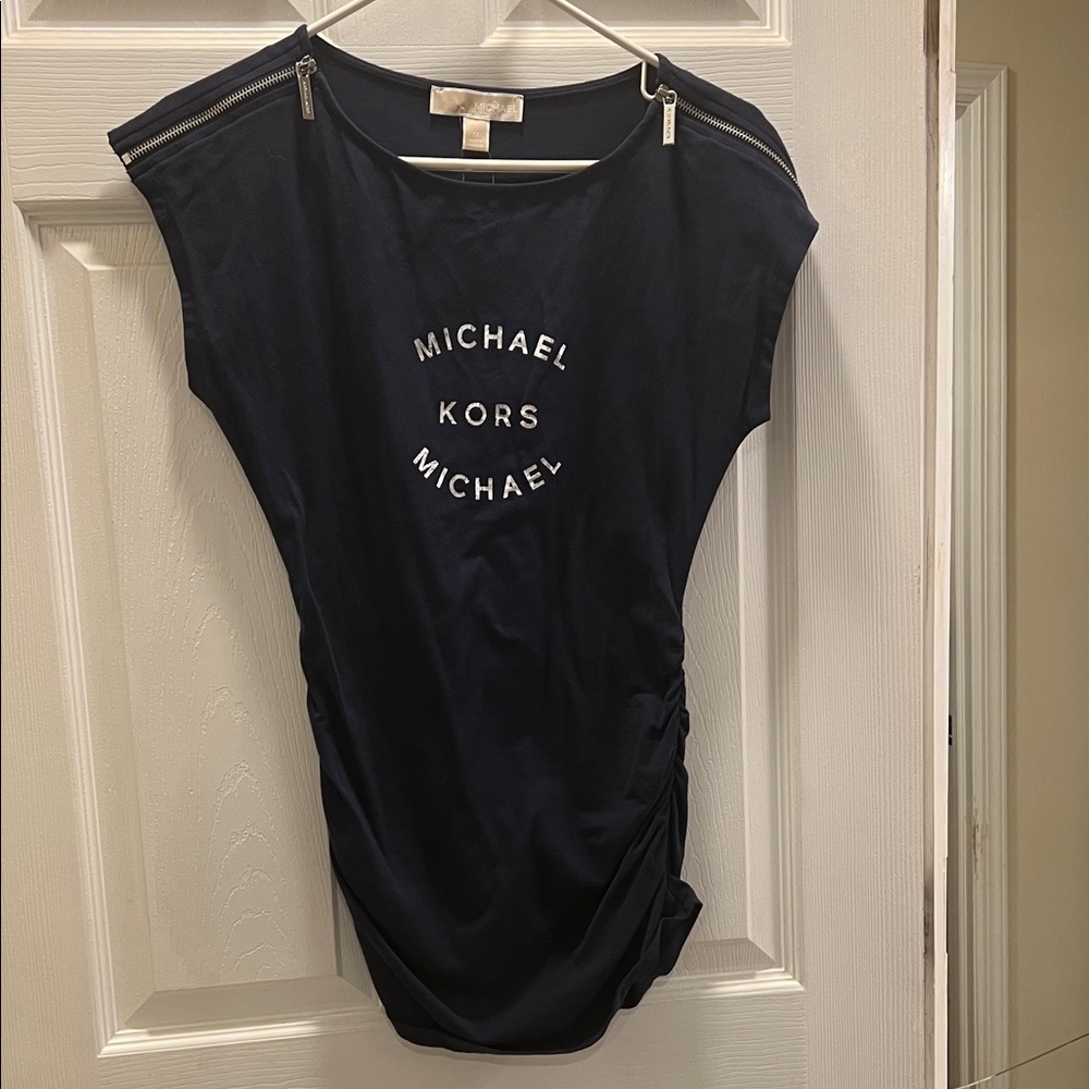 NWT Michael Kors Navy Logo Short Sleeve Tee with Shoulder Zips
